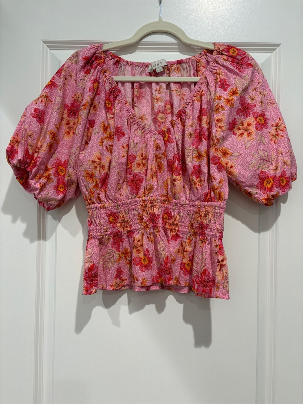 LOFT Pink Floral Puff-Sleeve Peplum Blouse, Small